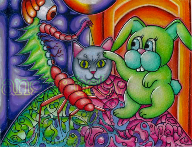 A bright green bunny, a cat's face, an alien insect creature, created in ink