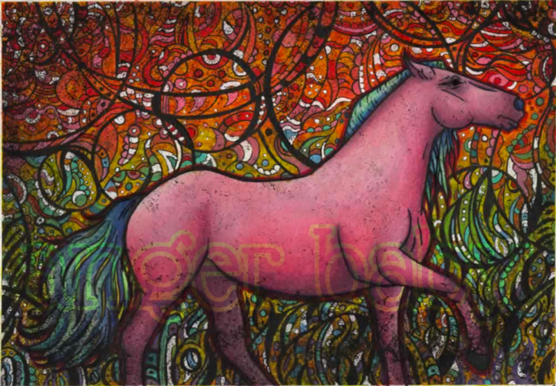 A pink horse with a squiggly detailed brightly coloured background