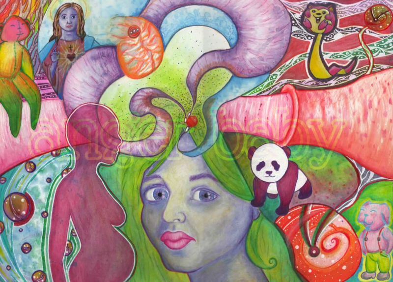 a colourful drawing of random things like a blue womans face with green hair, purple Jesus, pink silhouette of pregnant woman, a purple Meerca from Neopets