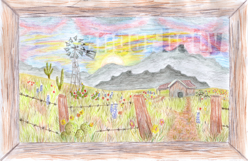 A landscape depicting a rolling field of wildflowers in Texas