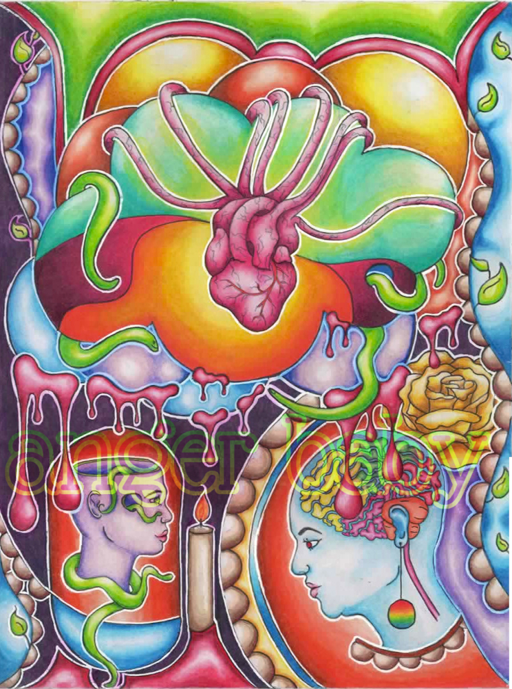 A brightly coloured drawing with many psychedelic elements