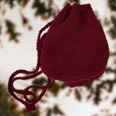 Crochet drawstring bag made of dark red wool